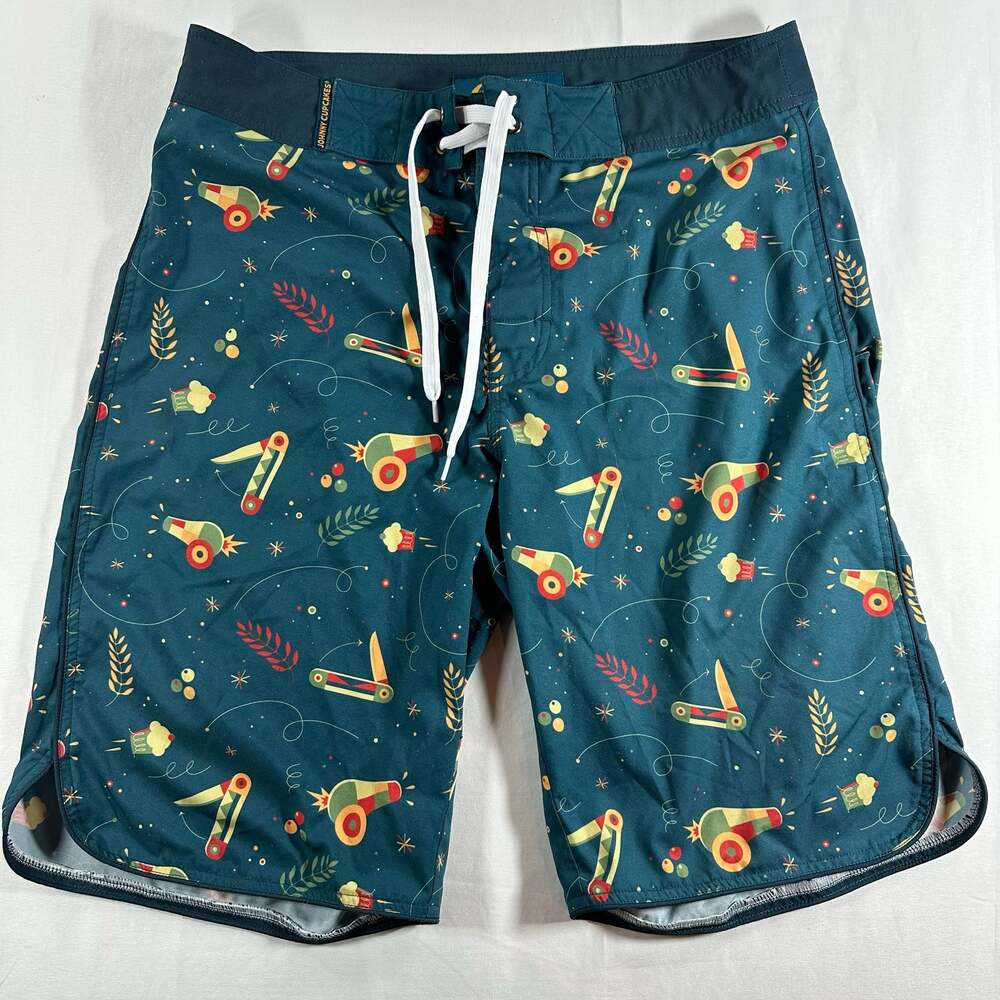 Johnny Cupcakes All-Over Print Cannon and Knife Pattern Swim Boardshorts